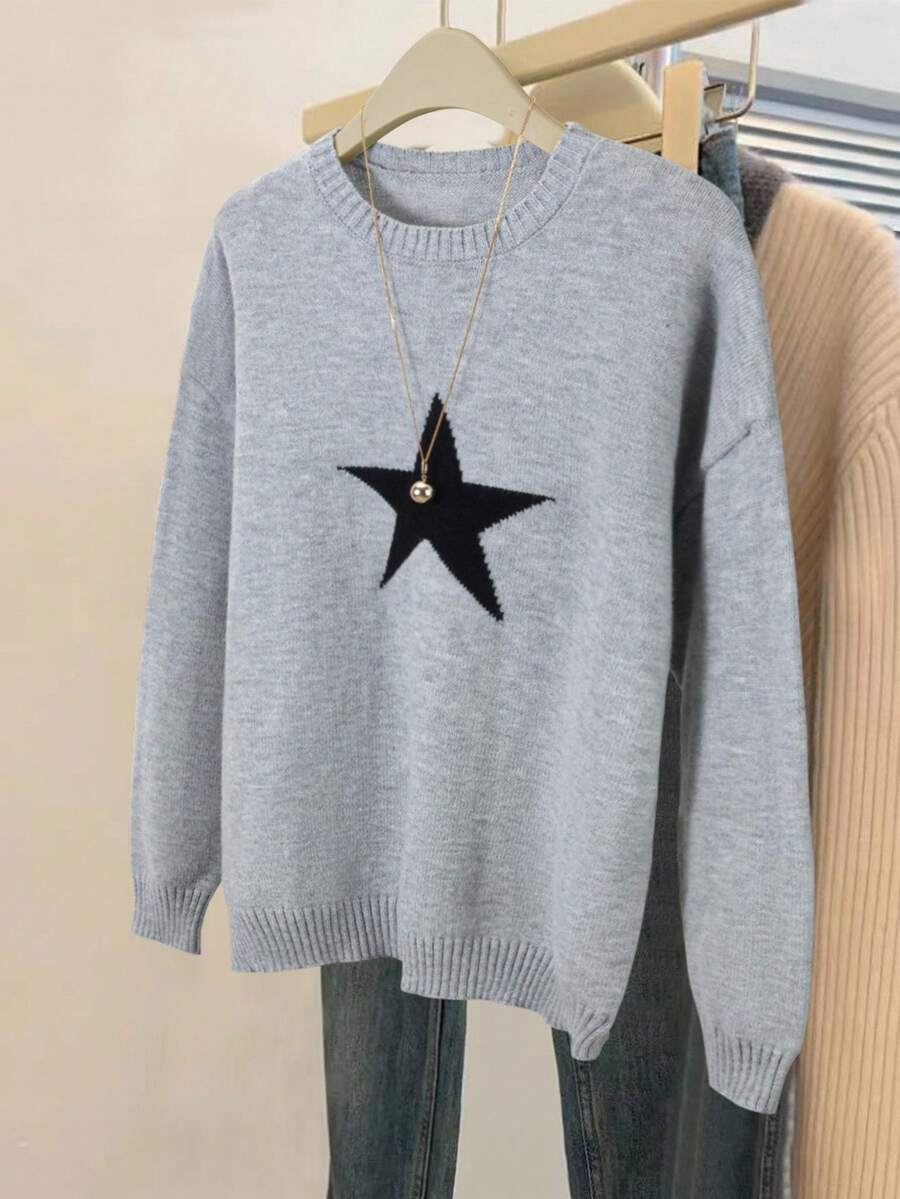 Jouncy Casual Loose Crew Neck Long Sleeve Women Sweaters - Grey - View 1