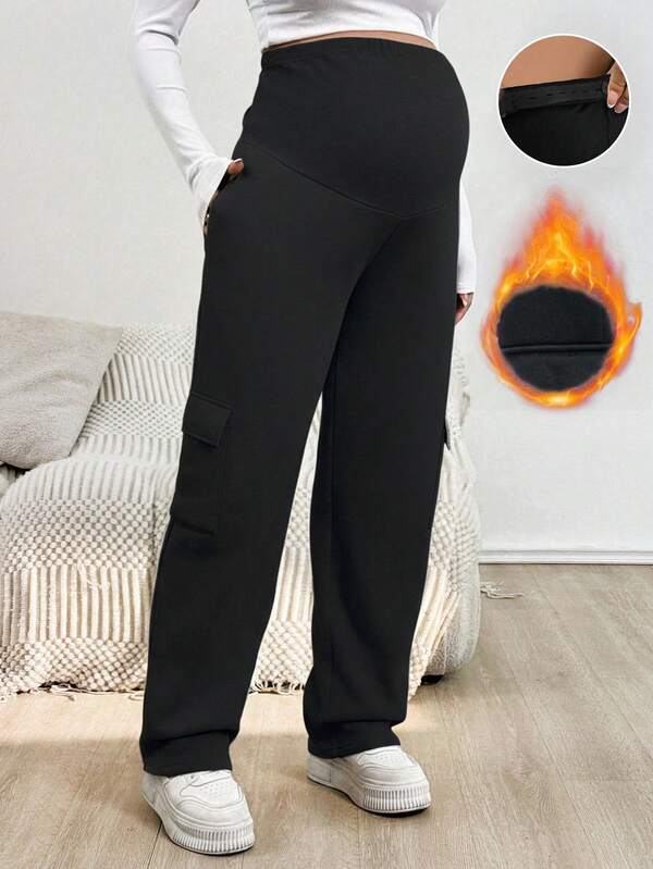 SHEIN Maternity Pants With Adjustable Waist And Slant Pockets, Thermal Lined For Warmth, Autumn/Winter Black Cargo Pants Women Cargo Pants Women Cargo Sweatpants Women Pregnancy Pants