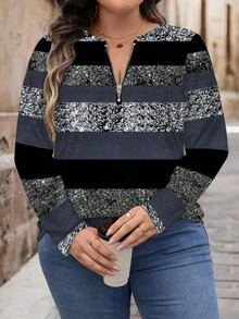 SHEIN LUNE Casual Striped Colorblock Pattern Loose Fit Half-Zip Round Neck Long Sleeve T-Shirt, Suitable For Spring & Autumn - Navy Blue - View 3