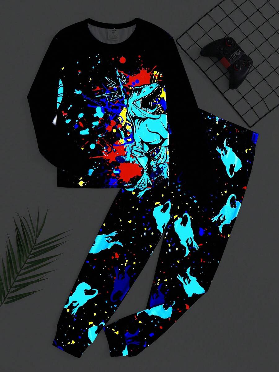 SHEIN 2 件套青少年男孩舒适贴身夜光恐龙印花长袖上衣和裤子休闲舒适家居服套装 - 藍色 - 查看 1