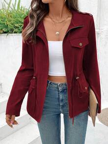 EMERY ROSE Casual Solid Color Raglan Zip-Up Waist Jacket, Autumn