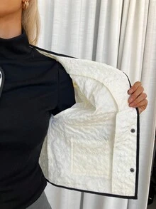 Siren Gaze 女士撞色滚边圆领外套，花卉纹理滚边单排扣外套，秋季，女士冬季外套，白色，适合新年夜、新年，休闲女装，白色衬衫短款外套，短款西装外套，粗花呢外套，女士休闲办公装 - 杏色 - 查看 7
