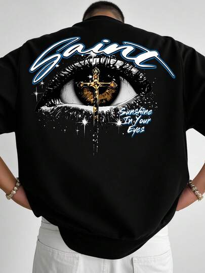 Manfinity EMRG 加大码男士黑色圣人字母和眼睛印花 T 恤，街头风格，适合日常穿着