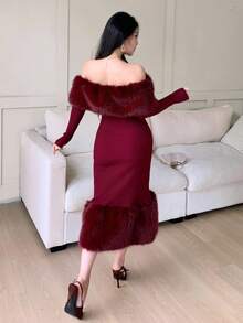 Feyla 女式时尚优雅毛绒拼布露肩针织连衣裙 - 酒紅色 - 查看 3