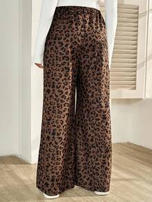 SHEIN Maternity Casual Fashionable Street Corduroy Leopard Print Knot Adjustable Waist Loose Wide Leg Pants Cheetah Print - Brown - View 2
