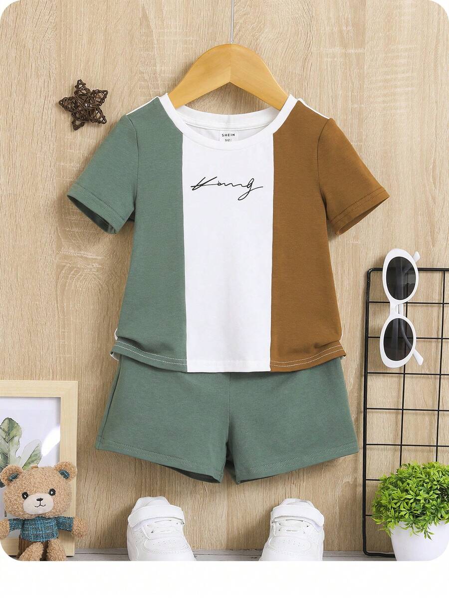 Baby Boy Letter Graphic Colorblock Tee & Shorts - Green - View 1