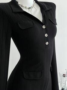 Elamini Black Vertical Striped V-Neck Bodycon Casual Dress For Women - Black - View 6