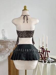 Elamini Leopard Print Criss-Cross Lace-Up Sexy Halter Neck Tank Top For Women - Yellow - View 5