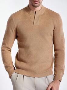 Manfinity Homme Men's Solid Color Long Sleeve Casual Pullover Sweater, Autumn/Winter - Khaki - View 5
