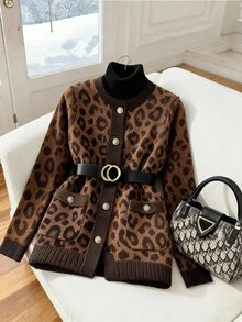 GlowEve 秋冬时尚豹纹圆领女式宽松针织开衫 - 彩色 - 查看 1