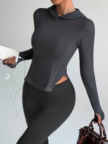 Gameset SHEIN Sport 女式连帽运动衫，侧开衩，修身款运动套头长袖 - 灰色 - 查看 1