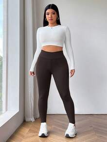 SHEIN EZwear 加大码巧克力棕色加厚保暖黑色打底裤，适合冬季穿着 - 巧克力棕 - 查看 4