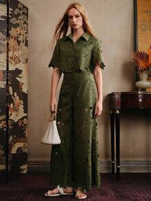 Arave 2 件套女士编织刺绣镂空无袖上衣配腰带和阔腿裤，休闲户外度假装，春夏 - 綠色 - 查看 5