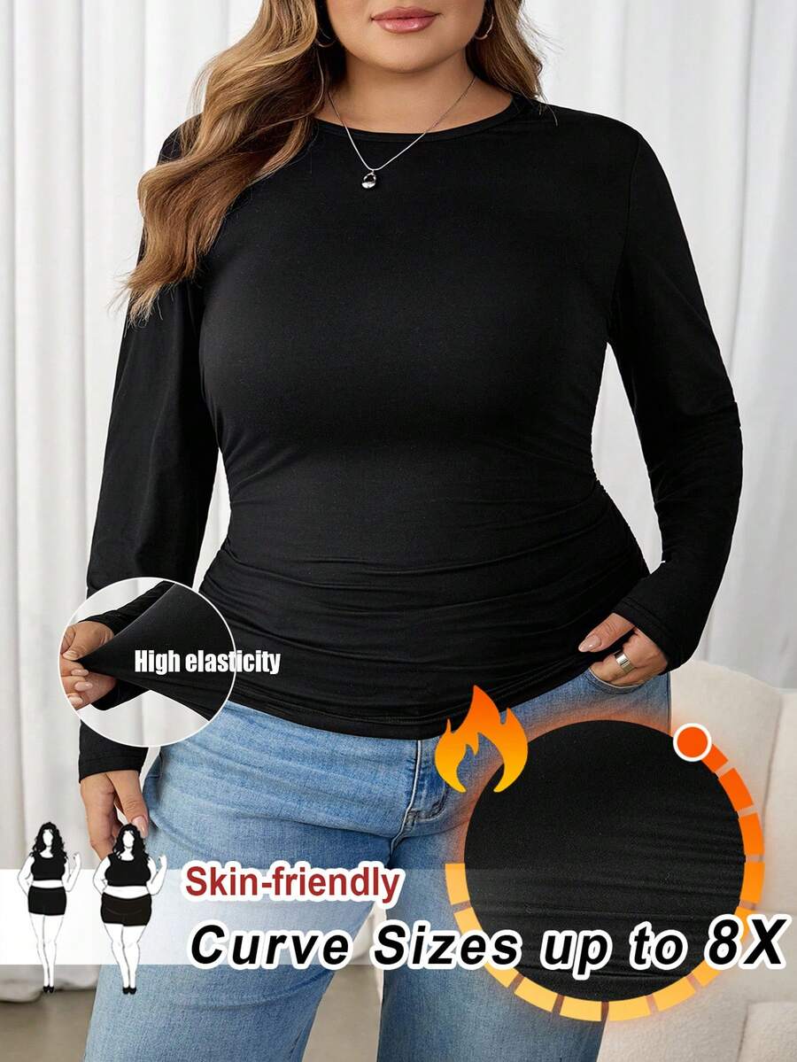 SHEIN CURVE+ 冬季加厚圆领修身长袖保暖T恤，休闲日常穿着，适合节日和感恩节穿着 - 黑色 - 查看 1