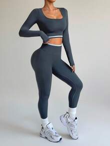 SHEIN Dewbera 2025秋冬女士无缝紧身长袖运动服套装瑜伽健身跑步圆领 - 灰色 - 查看 5