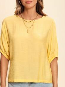 Coeurva Women's Casual Solid Color Shoulder Bat Wing Sleeve Basic 3/4 Sleeve Blouse, Spring & Summer Everyday Wear - Yellow - View 4