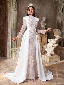 Aureia 优雅奢华的白色和米色亮片刺绣立领宽肩长袖透明长裙，适合婚礼、新娘礼服、正式场合 - 白色 - 查看 6