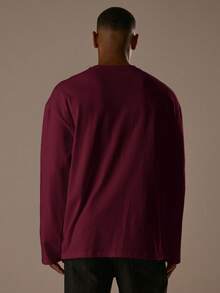 Musero Relaxed Fit Crew Neck Letter Graphic Striped Long Sleeved Top - Burgundy - View 4