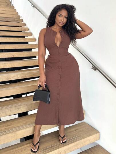 Alexandranx 女士圆领、单排扣、无袖、棕色棉质连衣裙