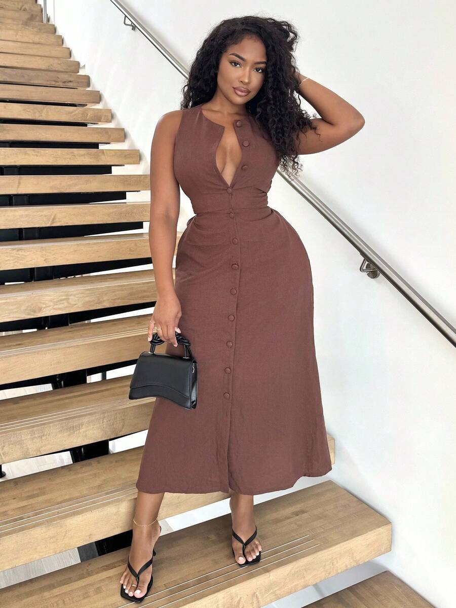Alexandranx 女士圆领、单排扣、无袖、棕色棉质连衣裙 - 棕色 - 查看 1