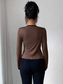 Elenzga Set 2 Potong Atasan Cardigan dan Tanpa Lengan Rajut Patchwork Elegan untuk Wanita - Coffee Brown - View 2