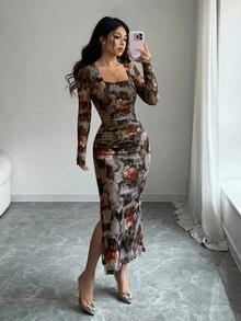 Elenzga Váy dự tiệc sang trọng thanh lịch mới dành cho nữ, họa tiết hoa chuyển màu, cổ vuông, nhún bèo, ôm sát, xẻ tà cao, tay dài, mỏng nhẹ, thích hợp cho lễ Halloween, Giáng sinh, Lễ tạ ơn, năm mới, mùa tốt nghiệp, váy maxi hoa màu xám - Nhiều màu - Xem 4