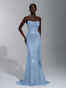 Elitara 优雅华丽的亮片深V领口，可拆卸3D立体水晶花卉装饰，侧边垂坠设计，适合节日、约会、婚礼、毕业典礼、派对、正式场合、婚礼宾客、情人节等场合。 - 淺藍色 - 查看 5