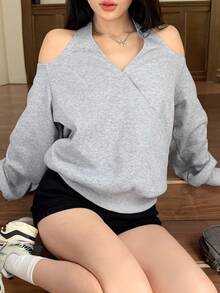 DAZY 女士宽松休闲水钻镂空露肩卫衣，保暖衬里，适合新年和圣诞节、秋冬季 - 灰色 - 查看 8