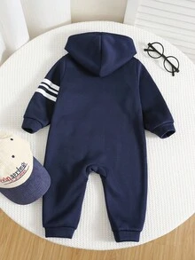 SHEIN 男嬰保暖內裡連帽冬季連身衣，海軍藍，秋季休閒時尚穿搭，適合室內、戶外、滑雪、運動、派對、拍照、節慶、萬聖節 - 藏蓝色 - 查看 2