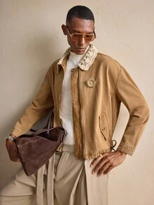 AKNOTIC Chaqueta vaquera casual de manga larga con decoración metálica y cremallera delantera para hombre, otoño - Caqui - Ver 7