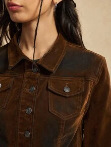 Easelle Áo khoác denim cổ bẻ phong cách Boho Chic cổ điển dành cho nữ Áo khoác nữ màu nâu Áo khoác nữ màu nâu ngắn Áo khoác nữ màu nâu nhung Áo khoác ngắn Áo khoác nữ kiểu miền Tây - Nhiều màu - Xem 8