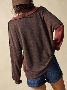 Bohemela 女士休闲拼色V领长袖宽松T恤 - 摩卡棕 - 查看 7