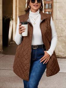 SHEIN Clasi Große Größen einfarbiger Reißverschluss-Taschen-Diamantmuster-Ärmellose Steppjacke, Herbst/Winter