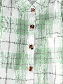 SHEIN Playful Pals Baby Girls In Spring And Autumn, Fashionable, Simple, Retro, Versatile Rose Red Plaid Wool Warm Long-Sleeved Lapel Button-Up Shirt Jacket, Daily Wear - Green - View 4