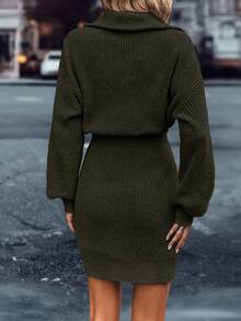 SHEIN LUNE Women's Casual Solid Color Drop Shoulder Long Sleeve Zip Up Half Placket Dress, Autumn/Winter - Army Green - View 2