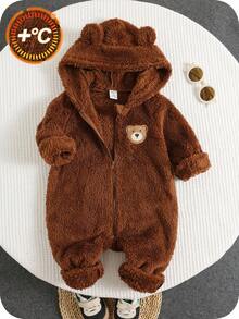SHEIN Newborn Baby Unisex Cute Brown Cartoon Bear Hooded Jumpsuit, Autumn/Winter Baby Clothes - Multicolor - View 4