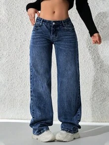 SHEIN ICON Women's Pocket Loose Wide Leg Casual Versatile Jeans - Dark Wash - View 6