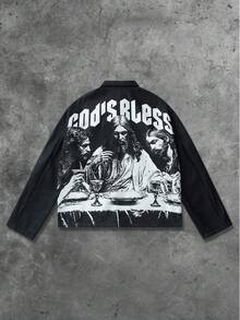 ROMWE MEN Street Life 男士复古宗教肖像印花夹克，适合秋冬季穿着 - 黑色 - 查看 2