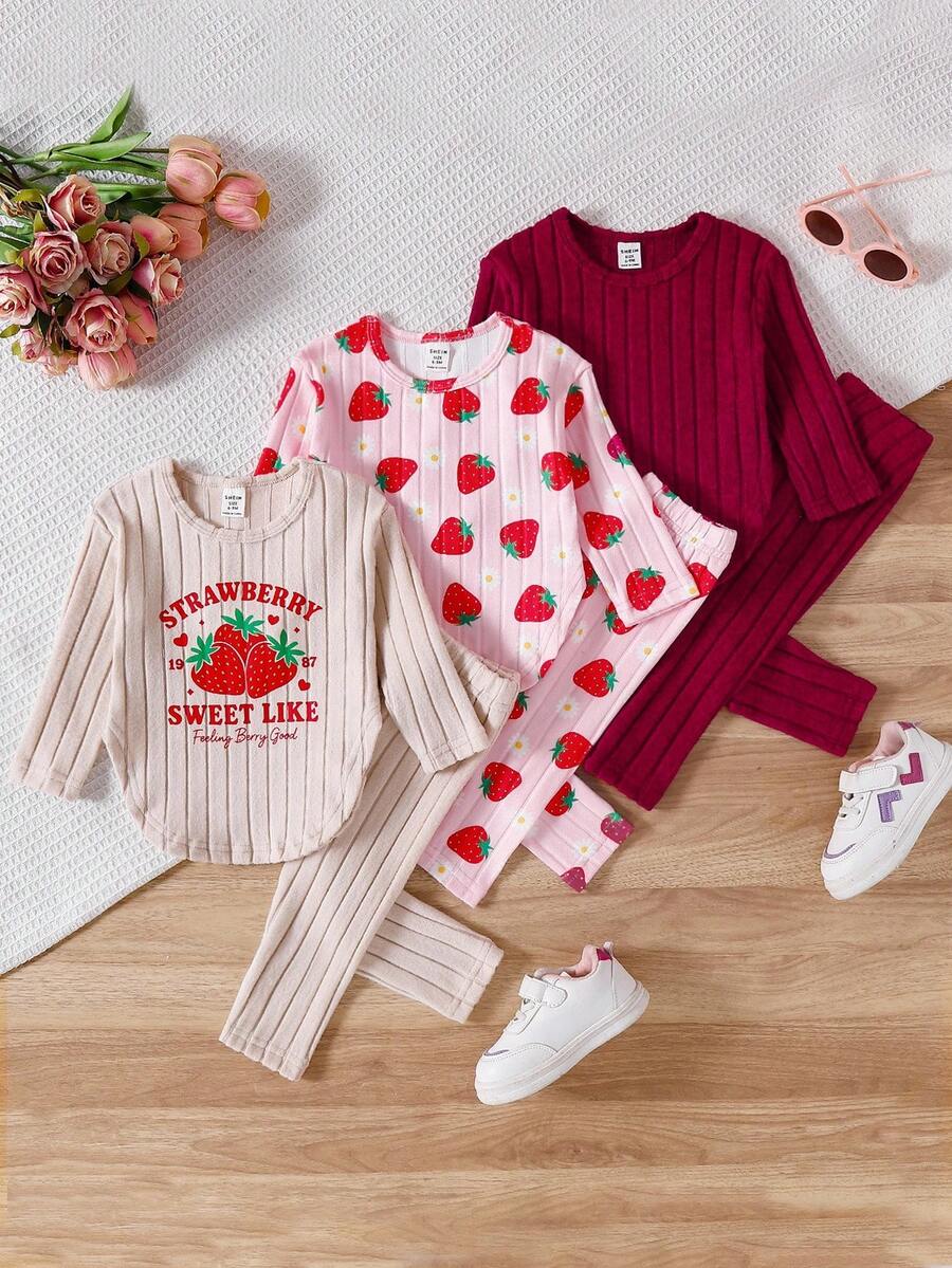 SHEIN Playful Pals 6件套可爱女婴春秋罗纹面料蝴蝶结印花/蝴蝶结印花/纯紫红色长袖弧形下摆T恤和修身裤休闲时尚装 - 彩色 - 查看 1