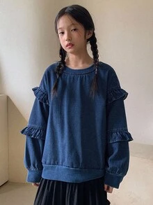 DAZY Tween Girls' Round Neck Drop Shoulder Long Sleeve Ruffle Hem Loose Casual Denim Top