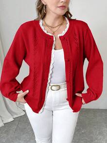 SHEIN Unity Plus Size Women Solid Color Lace Loose Casual Cardigan, Autumn/Winter - Red - View 4