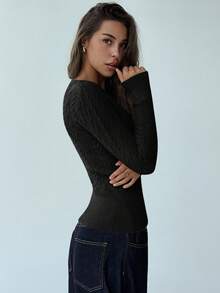 Aloruh Áo len dệt kim cáp cổ chữ V sâu tay dài thời trang mới, áo len đa năng cho phụ nữ trẻ vào mùa thu/đông - màu đen - Xem 3