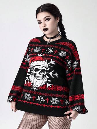 Goth Maglione lavorato a maglia con motivi gotici natalizi di scheletro, fiocco di neve, pipistrello, pentagramma invertito e croce Fair Isle
