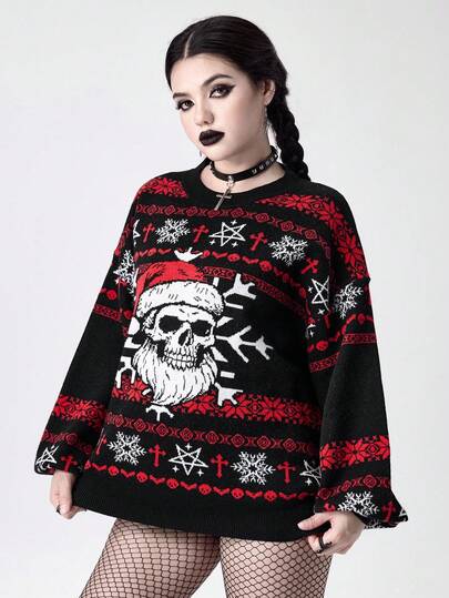 Goth Gothic Christmas Skeleton, Snowflake, Bat, Inverted Pentagram, Fair Isle Cross Knit Sweater