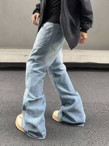 RivetRise 男士純色寬腿牛仔褲，帶傾斜口袋寬鬆長款洗水漸層喇叭牛仔褲，帶口袋淺藍色派對街頭穿搭饒舌歌手風格 - 淺色水洗藍 - 查看 3