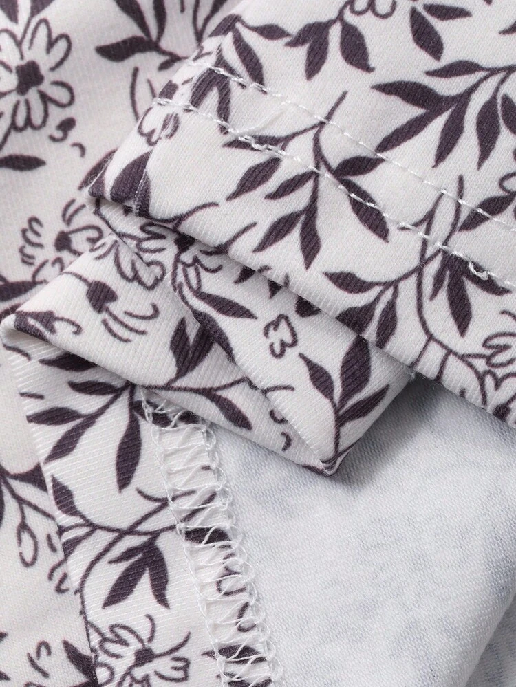 Women's Floral Contrast Trim Pajama Set, Autumn Fall Winter Clothes