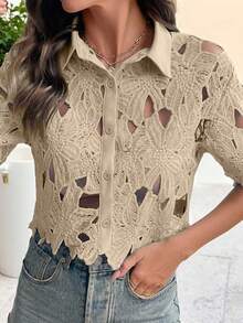 SHEIN LUNE Women's Floral Hollow-Out Short Sleeve Single-Breasted Fashion Shirt - Khaki - View 7