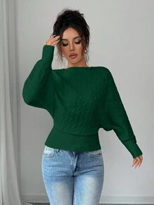 Elenzga Twisted Texture Oblique Shoulder Long Sleeve Knit Pullover Sweater, Autumn/Winter - Army Green - View 6