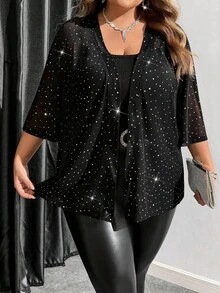 SHEIN CURVE+ Plus Size Women's Rhinestone Decor Mesh Sheer Jacket, Suitable For Thanksgiving, Christmas, New Year's Eve, Office, Party, Business Casual, Retro Style, Valentine's Day