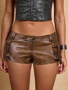 SHEIN BAE Women's Low Waist Cargo Pocket PU Leather Fashion Shorts - Camel - View 1